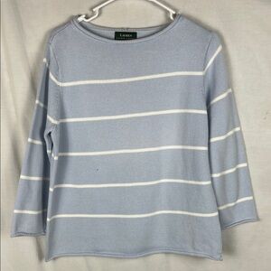 Lauren Ralph Lauren Light Blue Striped Cotton Sweater with Rolled Hems